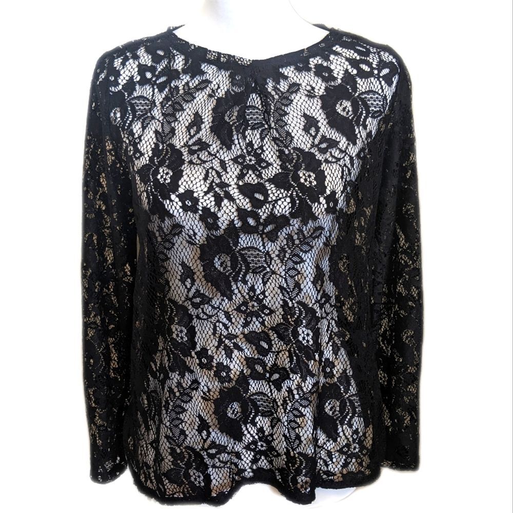 Zara Collection black sheer lace long sleeve blouse, white pearl accents M